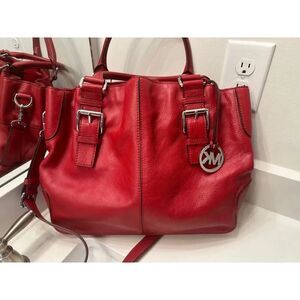 Michael Kors Brookville Red Leather Drawstring Double Handle Satchel Tote Bag